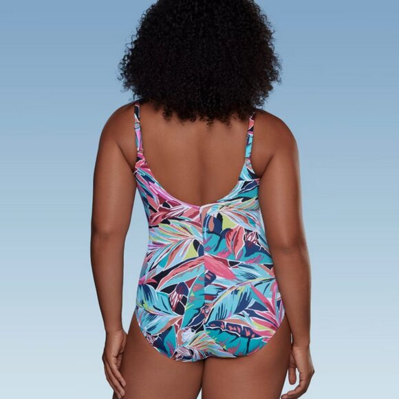 Women's UPF 50 Shirred V-Neck One Piece Swimsuit - Aqua Green® Multi Tropical L - Picture 5 of 7